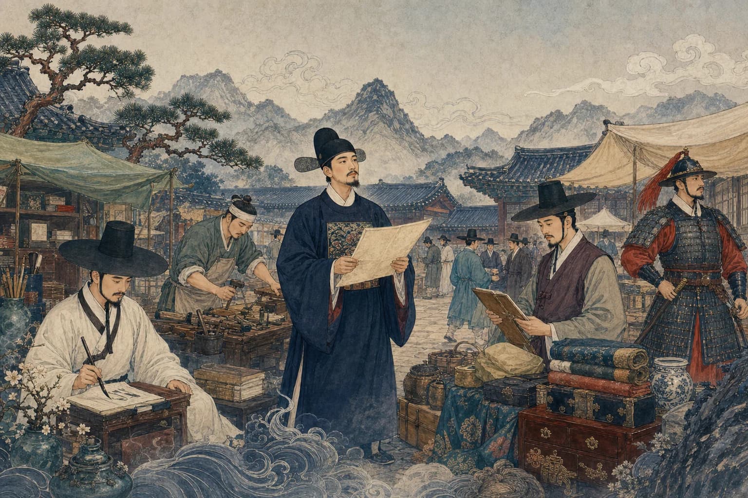 조선시대 관료와 학자, 장인, 상인, 무관이 한자리에 모인 모습