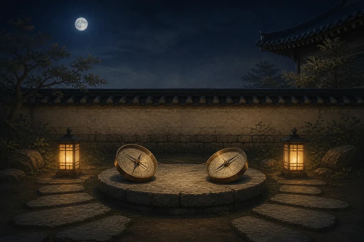 달빛 아래 서로 다른 방향을 가리키는 두 나침반이 금실로 이어진 조선 안뜰