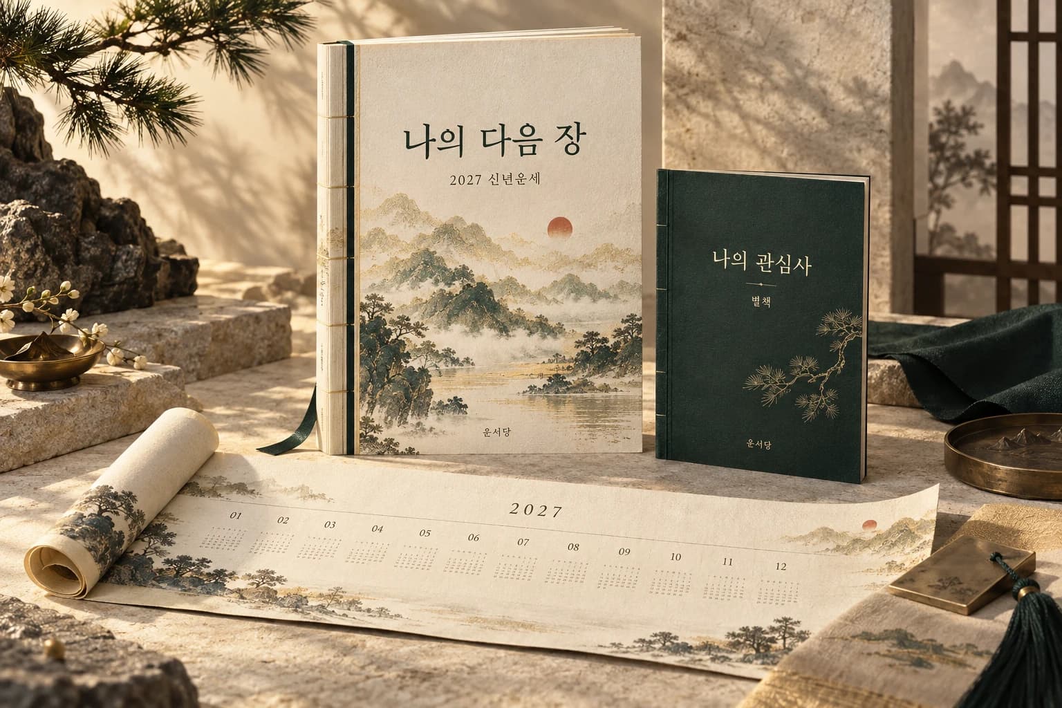 산수화 표지의 나의 다음 장, 관심 주제 별책, 열두 달 달력을 함께 펼친 신년운세 구성 연출