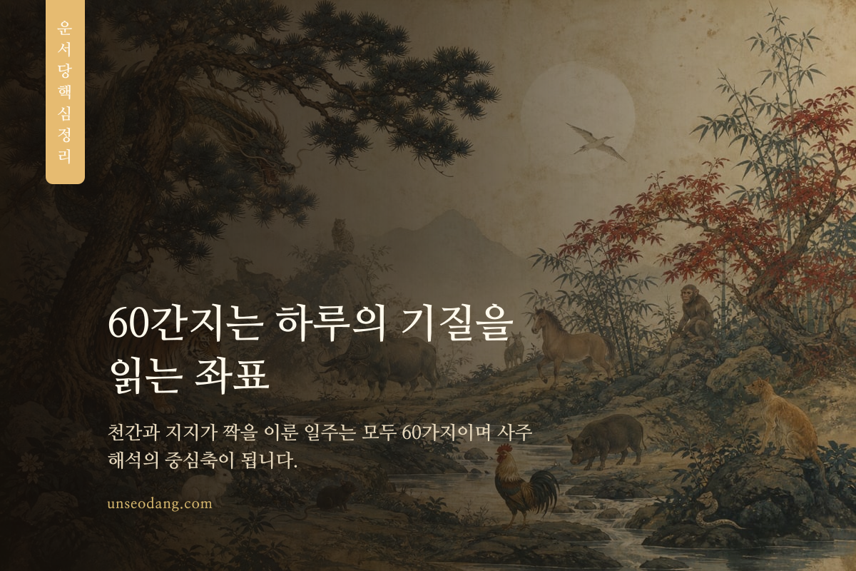 60간지 글자가 원형으로 배열되고 일주의 위치가 표시된 이미지