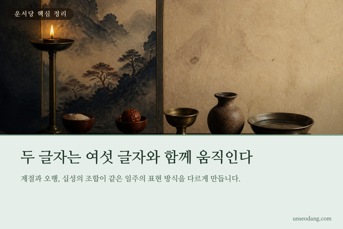사주 여덟 글자 가운데 일주 두 글자와 주변 여섯 글자의 관계를 보여 주는 이미지