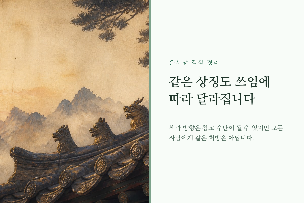 오행의 상징과 여러 생활 요소가 서로 다른 비중으로 놓인 이미지