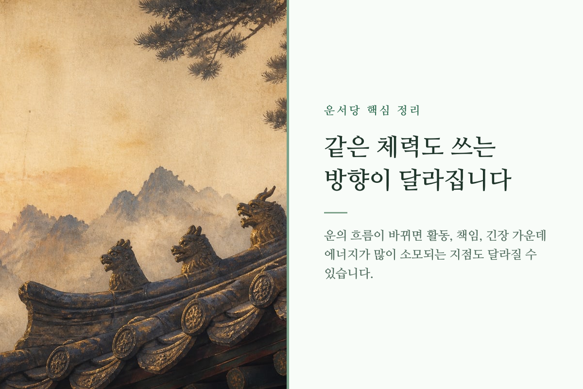 시간의 흐름에 따라 다섯 오행의 균형이 달라지는 모습을 표현한 이미지