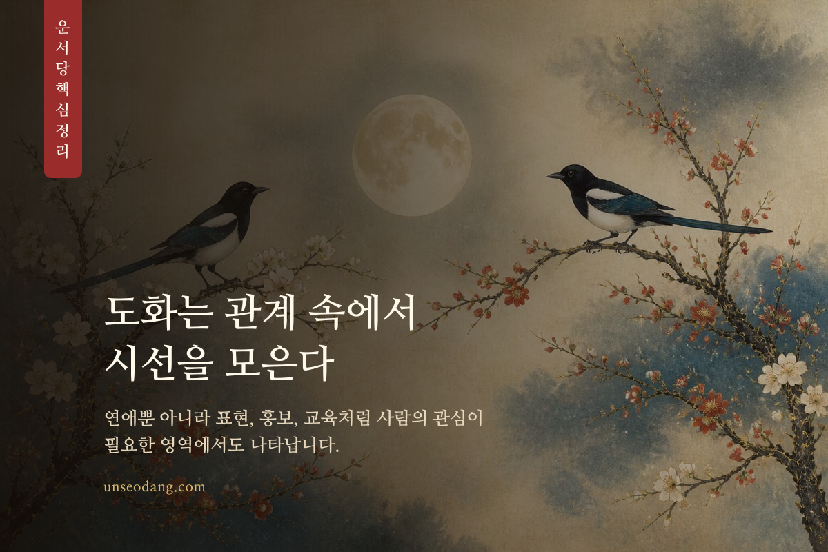 사람들의 시선이 한 인물에게 모이는 장면으로 표현한 도화살 특징