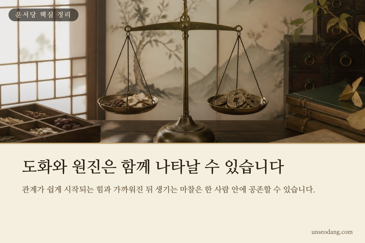 관계의 끌림과 감정의 마찰을 양쪽 접시로 비교한 이미지