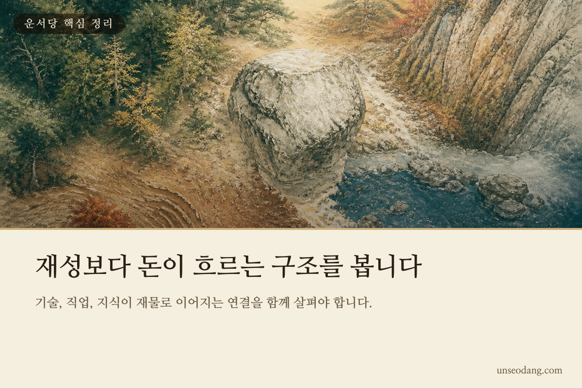 재성, 식상, 관성, 인성이 재물 흐름으로 연결되는 구조를 보여 주는 핵심 정리 카드