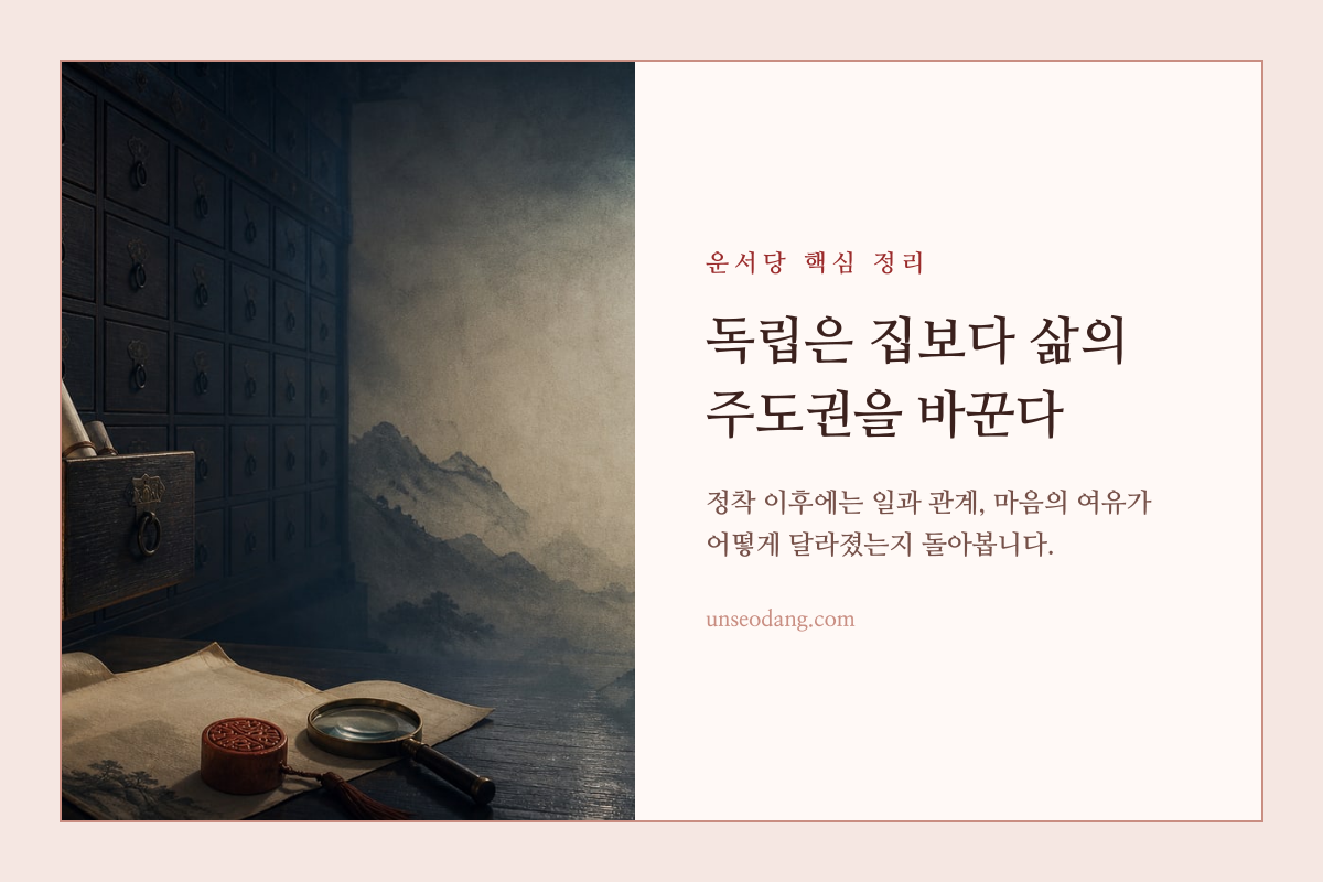 정돈된 방 안에서 자신의 일상을 기록하는 사람과 펼쳐진 서책