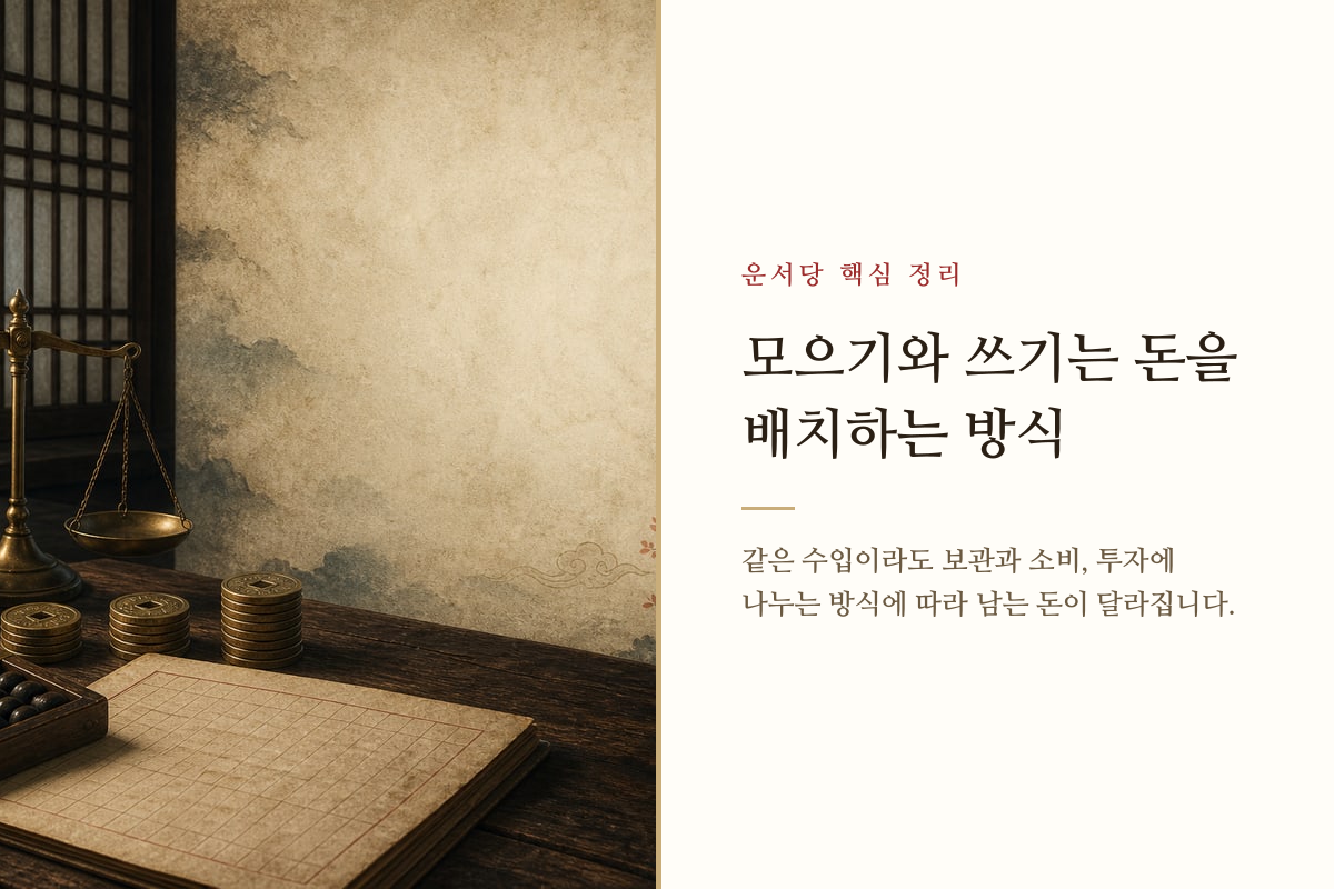 들어온 돈을 저축과 소비와 투자로 나누는 모습을 담은 재물운 카드