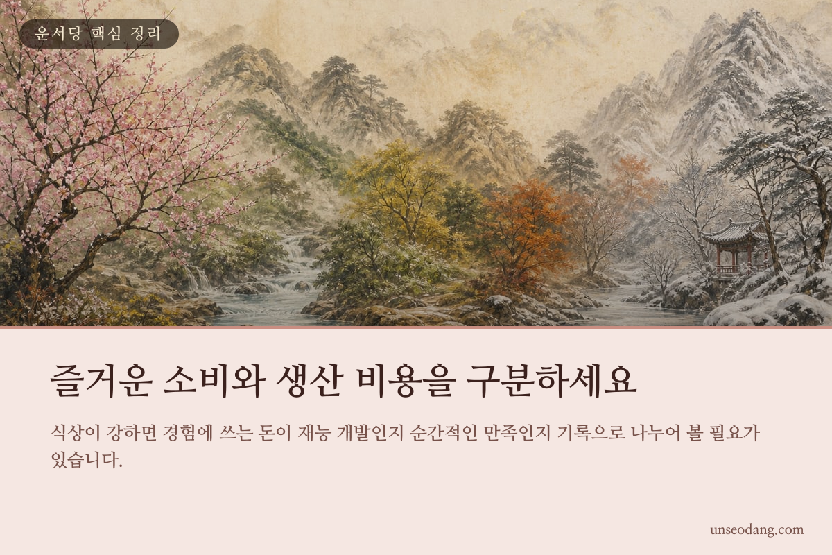 식상이 강한 사주의 경험 소비와 생산 비용 구분을 설명하는 카드