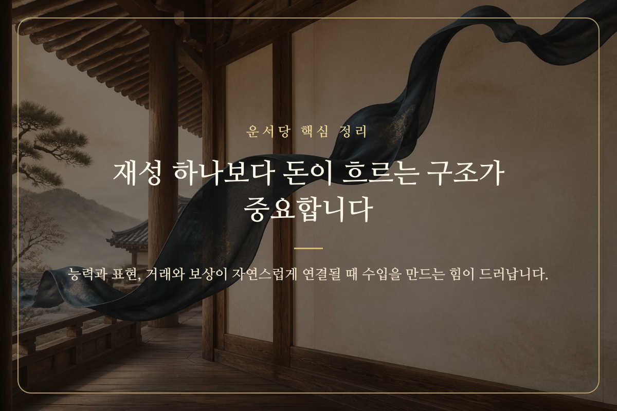 식상에서 재성으로 이어지는 수입 구조를 길의 흐름으로 표현한 이미지