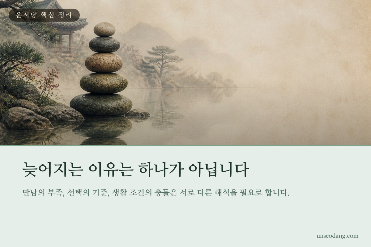 일과 가족, 관계를 상징하는 추의 균형이 서로 다르게 놓인 이미지