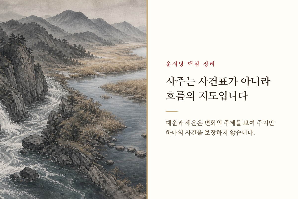 시간의 흐름을 따라 이어지는 길과 사주 명식을 표현한 이미지