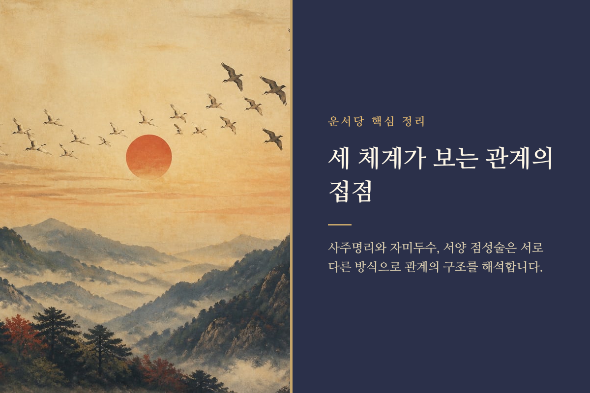 사주명리 자미두수 서양 점성술의 관계 해석을 나란히 보여주는 이미지