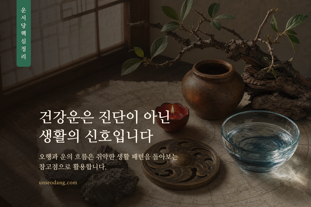 오행의 균형과 일상 관리의 관계를 보여주는 건강운 핵심 정리 카드