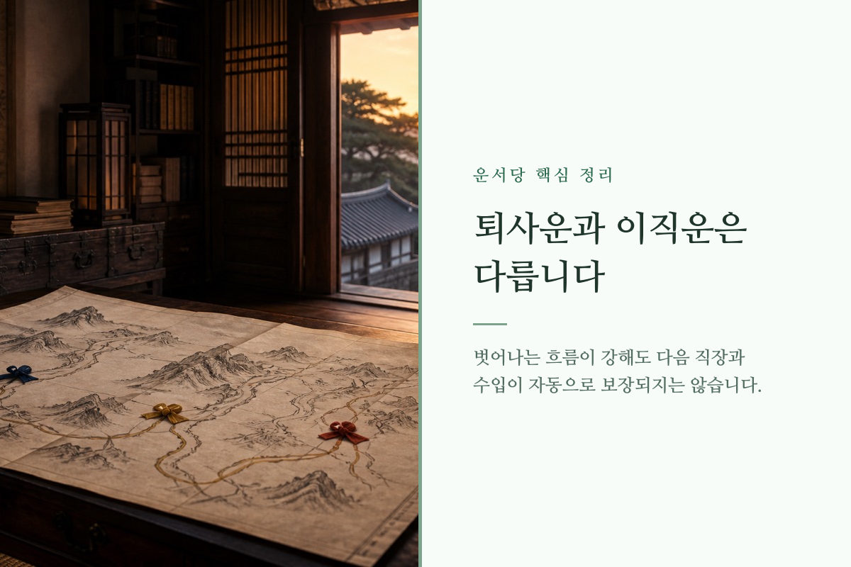 여러 갈림길과 나침반으로 퇴사 결정을 표현한 핵심 정리 카드
