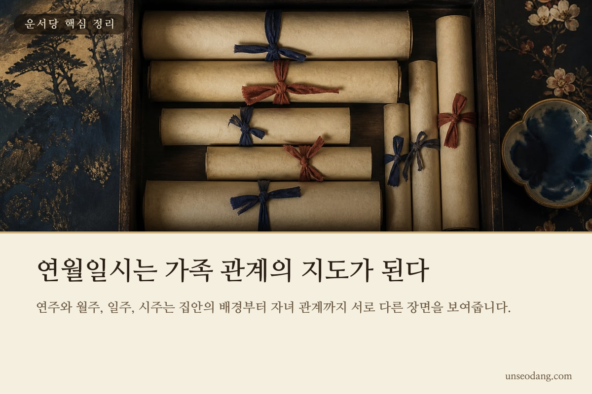 사주의 연주 월주 일주 시주와 가족 관계 범위를 정리한 이미지