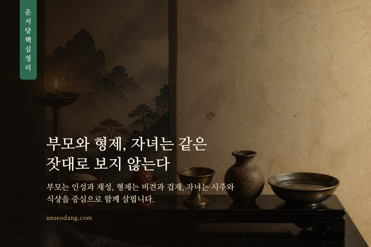부모 형제 자녀를 살피는 사주 기준을 구분한 이미지