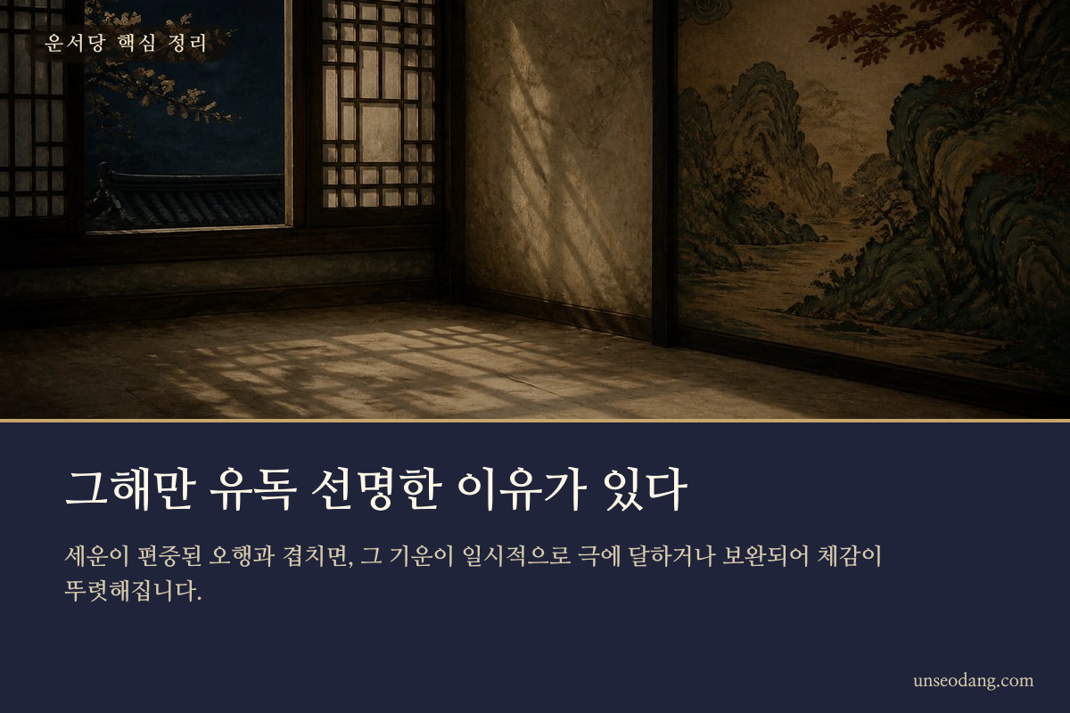 세운이 오행 편중과 겹치는 해의 특징을 나타낸 이미지 카드