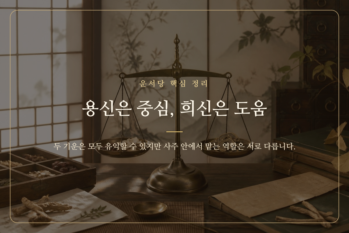 용신과 희신의 중심 역할과 보조 역할을 저울로 표현한 이미지