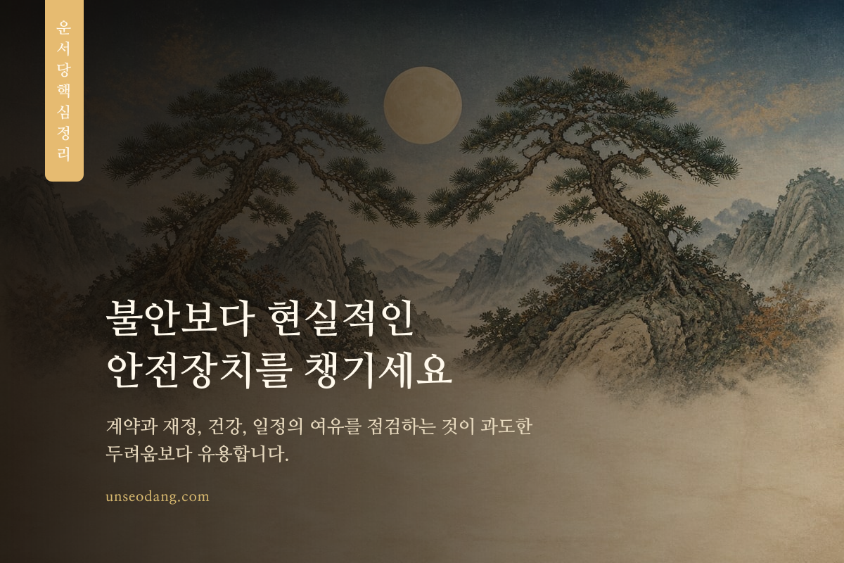삼재 시기에 점검할 계약 재정 건강 일정 항목을 균형 있게 배치한 정리 카드