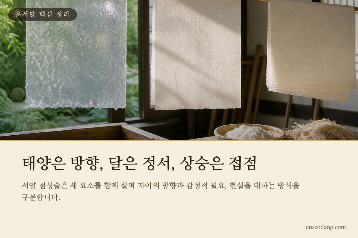 태양과 달과 동쪽 지평선의 상승별자리를 세 부분으로 정리한 이미지