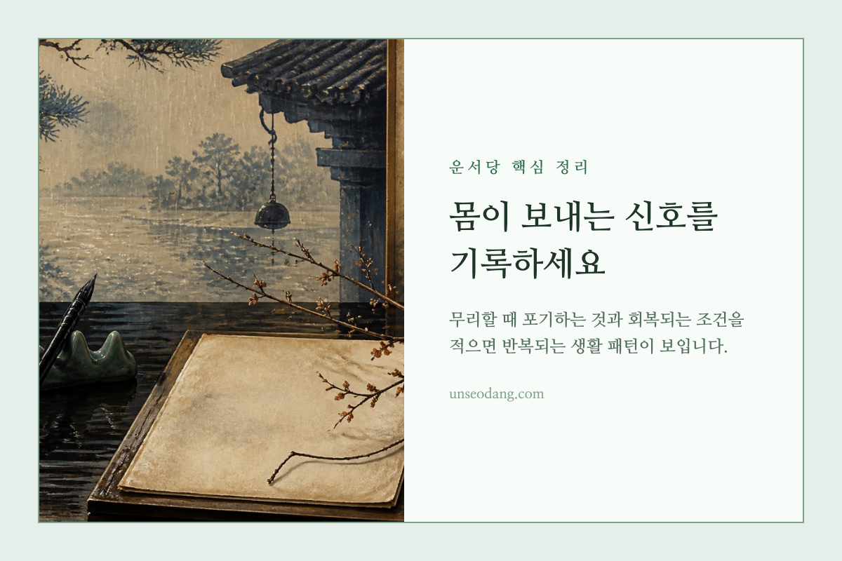 휴식과 피로의 변화를 차분하게 적어 둔 기록장과 인장