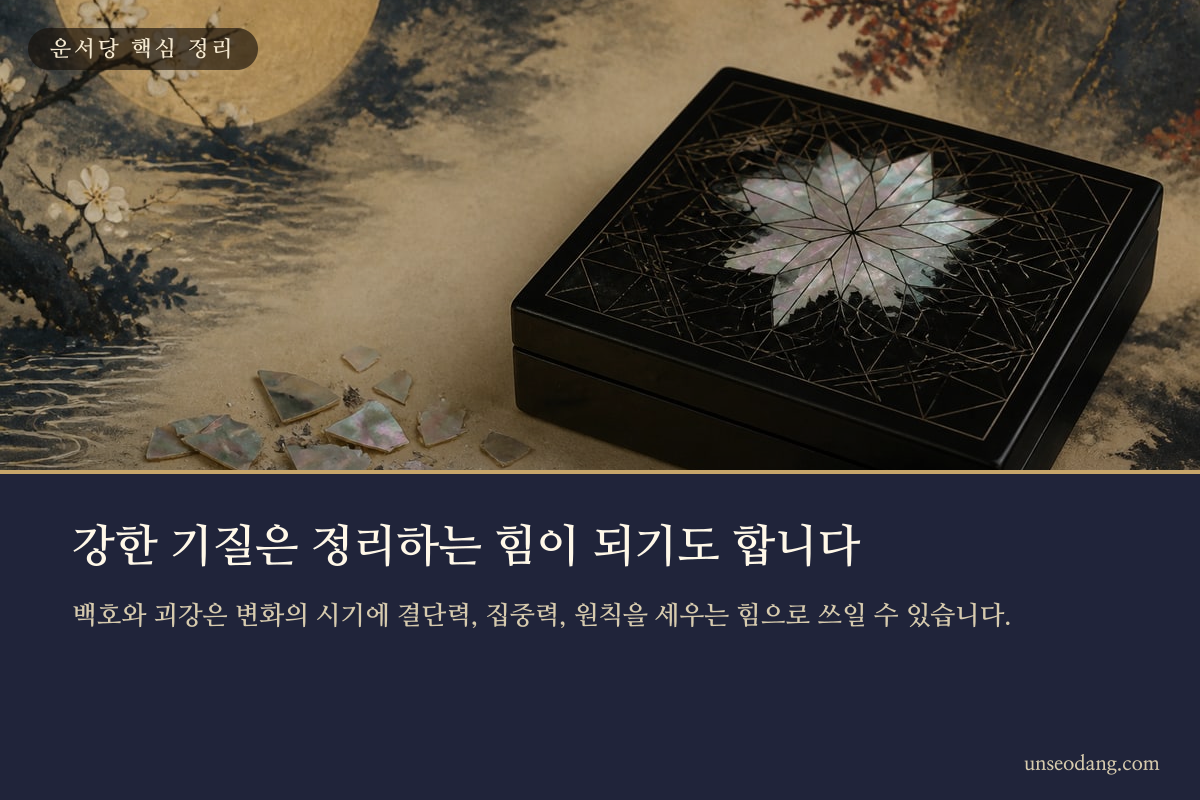 작업대 위의 단단한 도구와 정돈된 기록으로 백호살과 괴강살의 결단력을 표현한 이미지