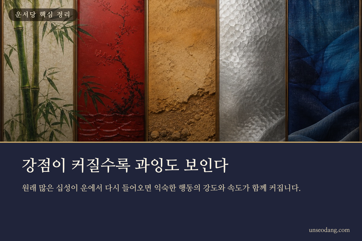 같은 십성의 기운이 겹치며 장점과 과잉 행동이 동시에 커지는 흐름을 표현한 이미지