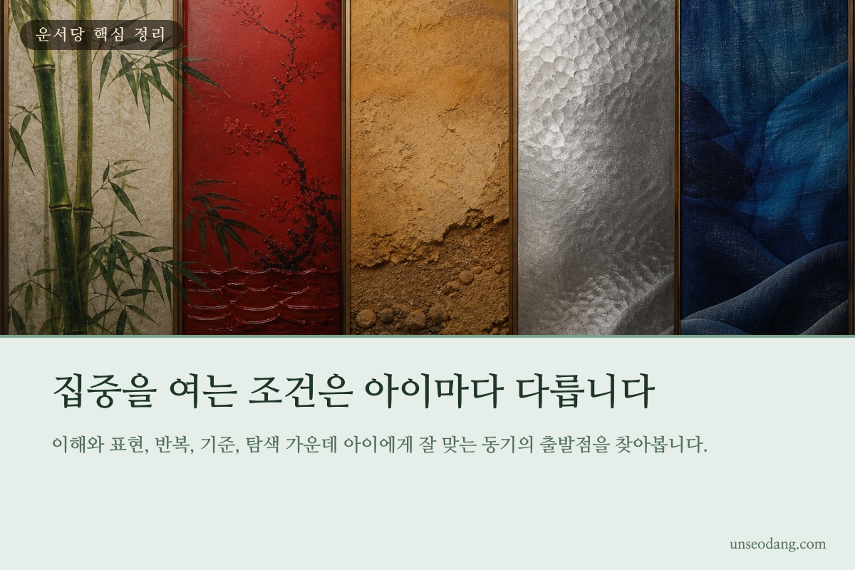 다섯 가지 오행을 상징하는 재료로 아이의 학습 방식을 정리한 이미지