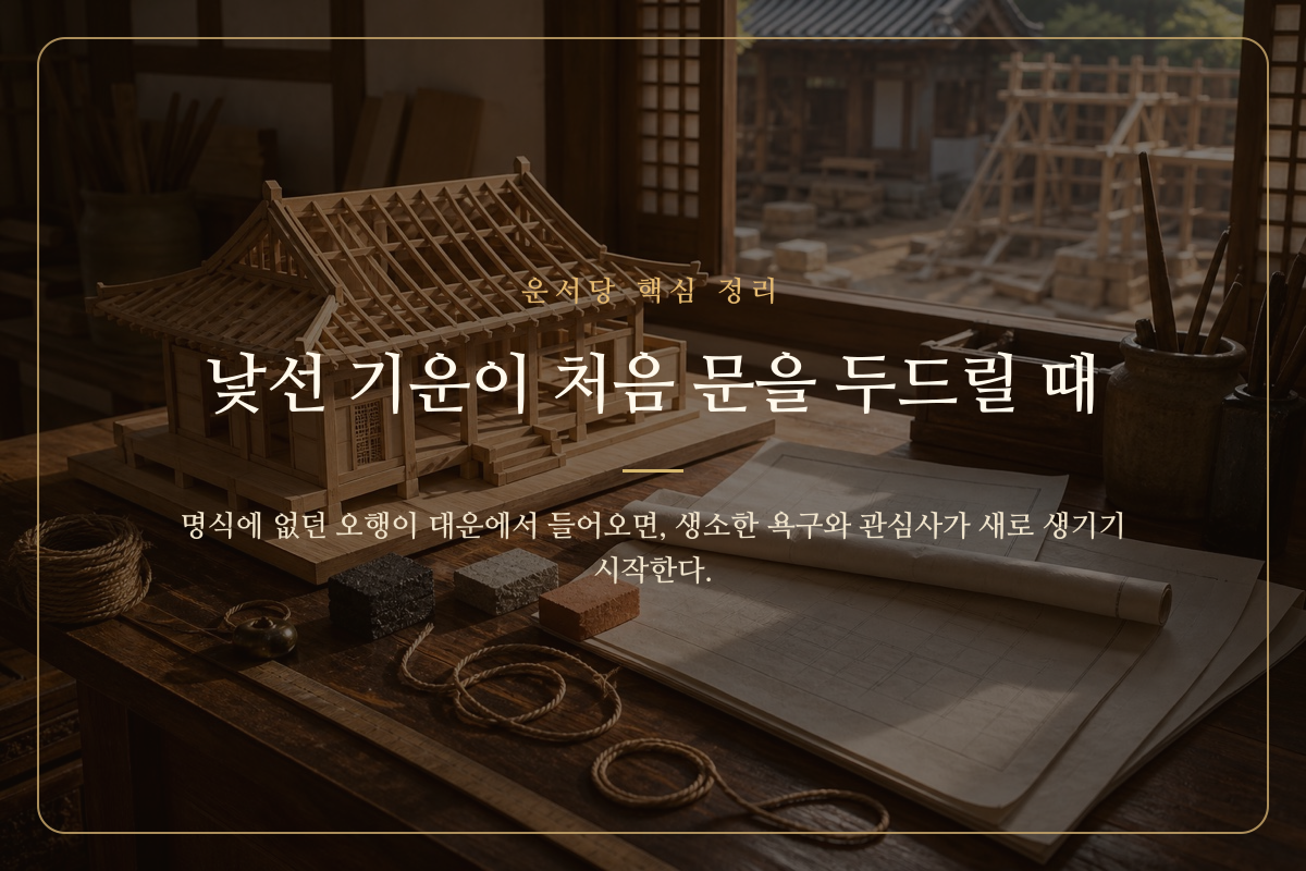 없던 오행이 대운으로 처음 유입될 때의 변화를 나타낸 이미지