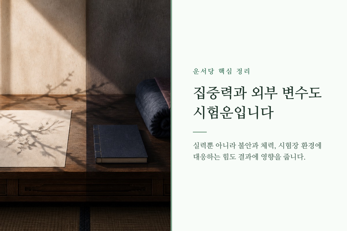 공부하는 사람과 균형 저울로 집중력과 외부 변수를 표현한 이미지
