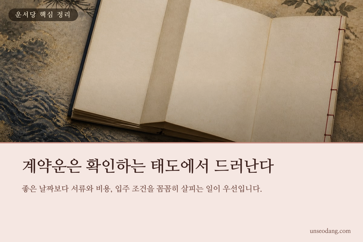 주택 계약서와 인장, 확인 항목이 놓인 책상