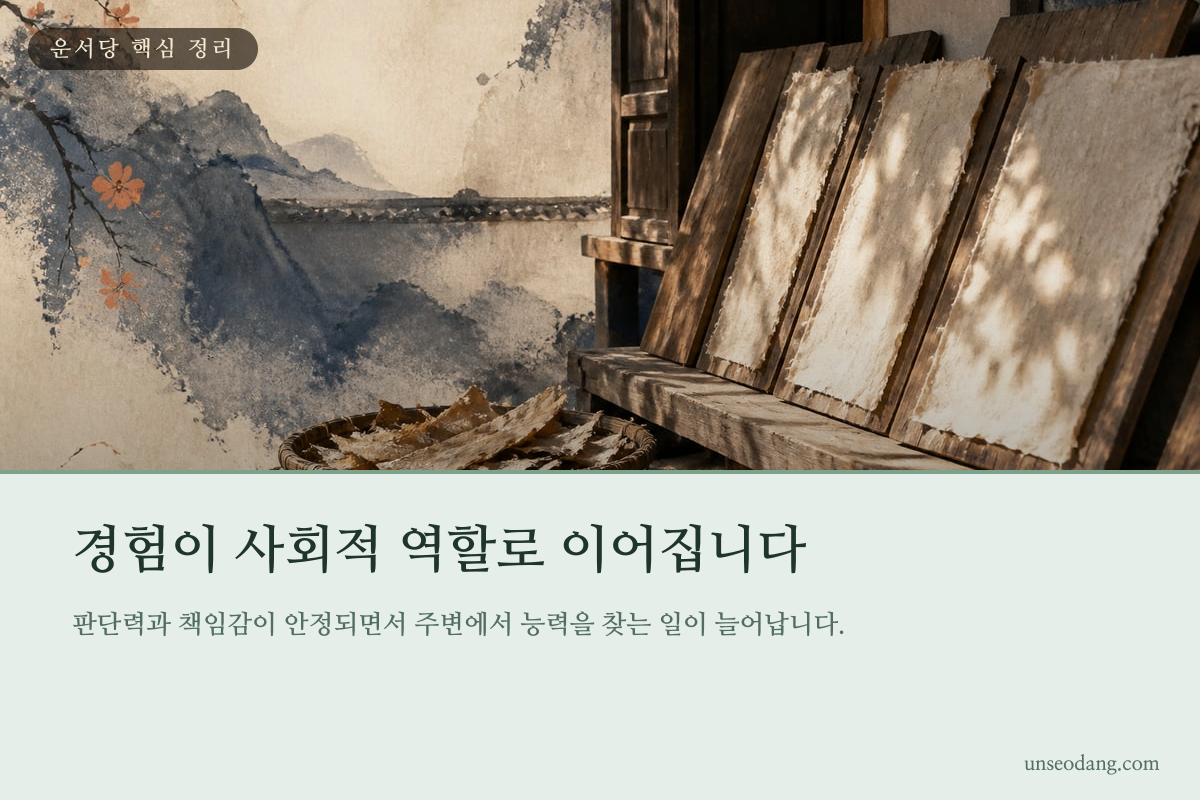 작업대와 연장을 통해 경험이 전문적인 역할로 발전하는 모습을 표현한 카드