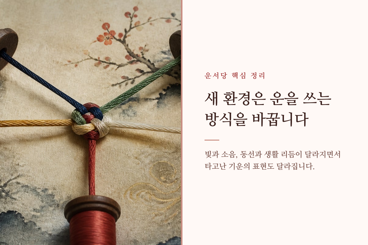 계절이 바뀌는 창가와 새집의 생활 동선을 나누어 보여주는 이미지
