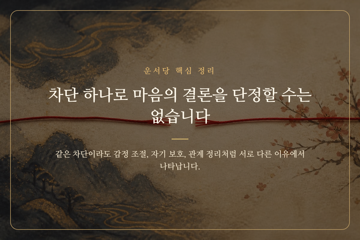 멀어진 두 자리와 닫힌 연락 창으로 차단 이후의 빈자리를 표현한 이미지