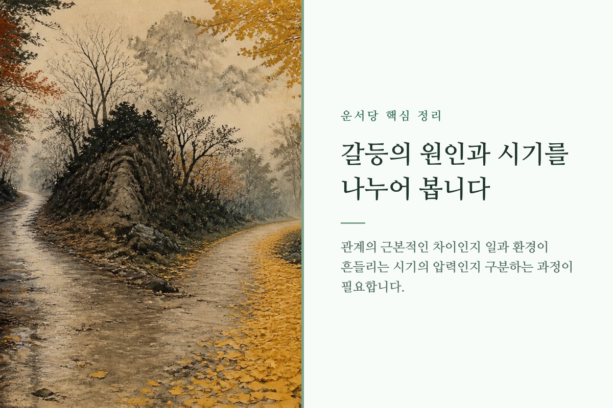 갈림길 앞에서 서로 다른 방향을 바라보는 연인의 모습