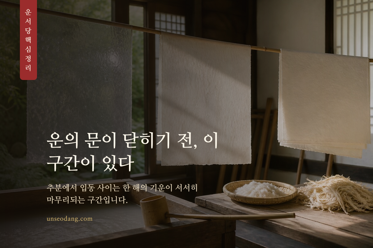 가을 절기 달력 위에 흐름이 마무리되는 시간 축을 표현한 이미지