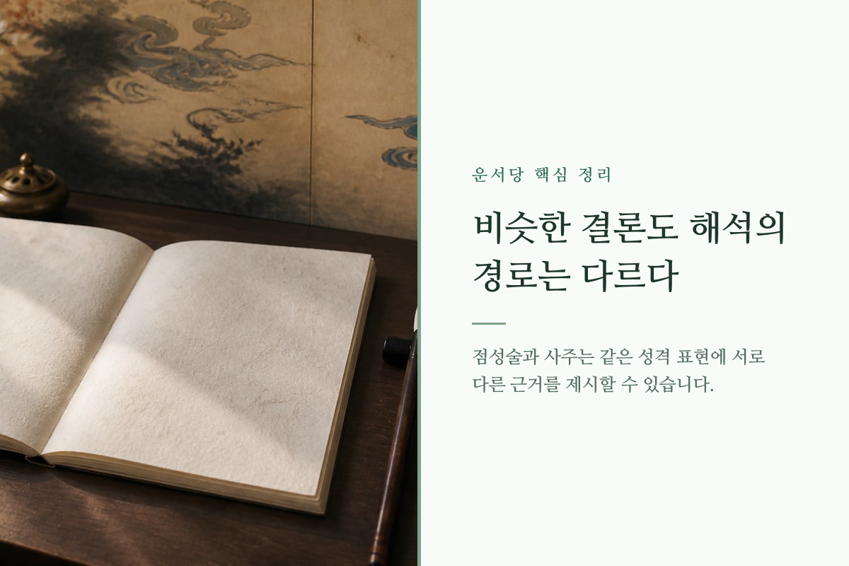 별자리 출생 차트와 사주 명식이 서로 다른 경로로 하나의 성향을 설명하는 이미지