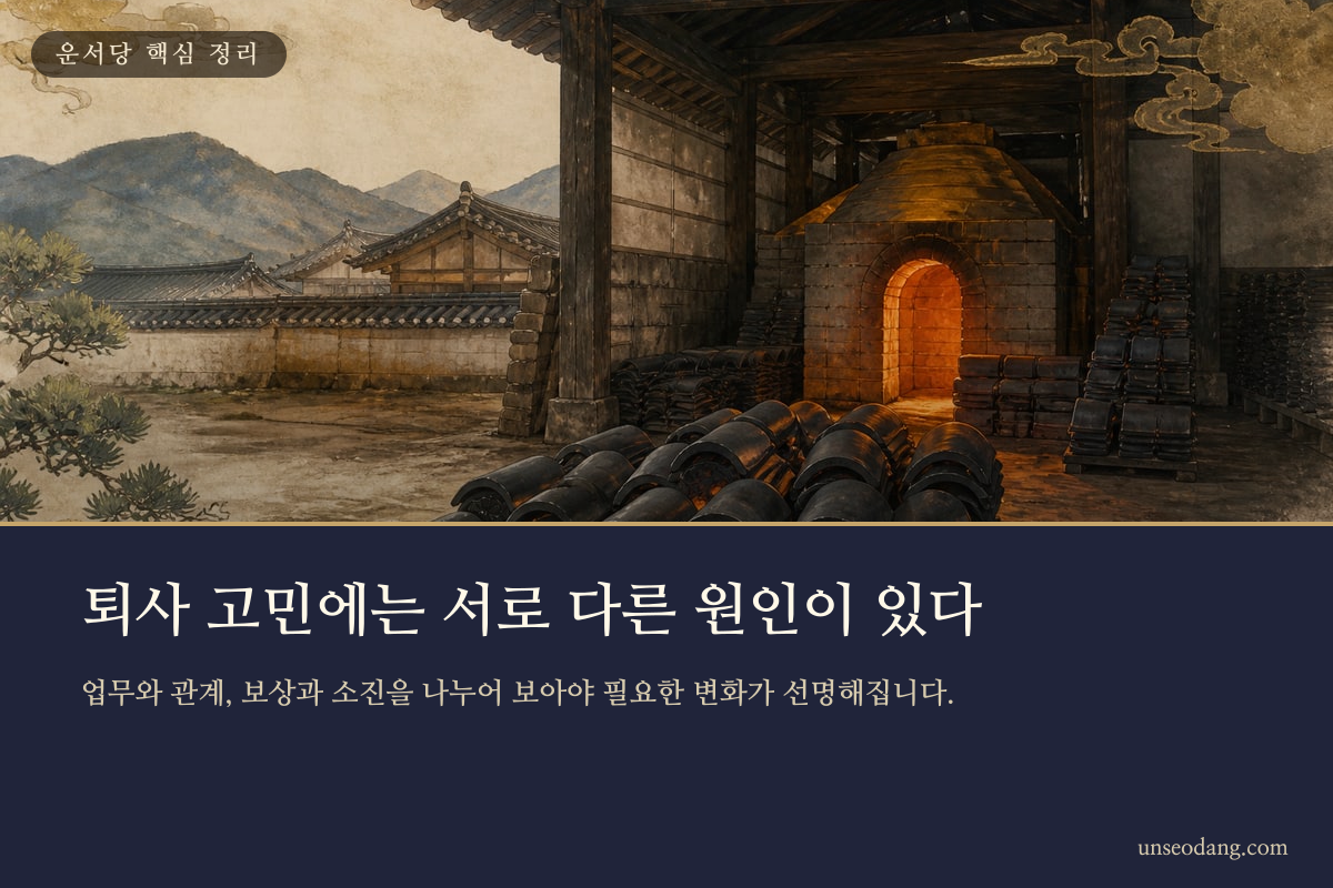 출근길의 직장인이 업무와 관계, 보상, 소진이라는 네 가지 고민을 바라보는 이미지