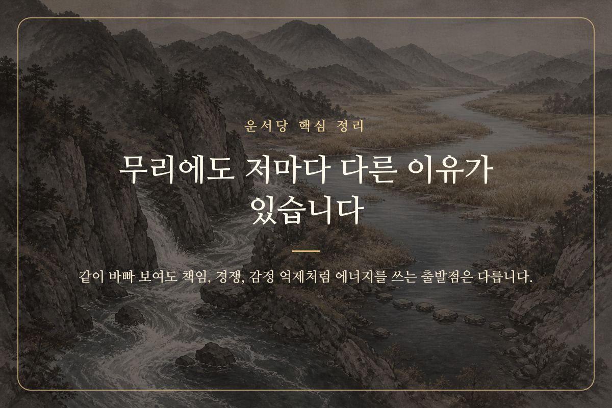 서로 다른 방향으로 이어진 길을 통해 무리하는 이유의 차이를 표현한 이미지