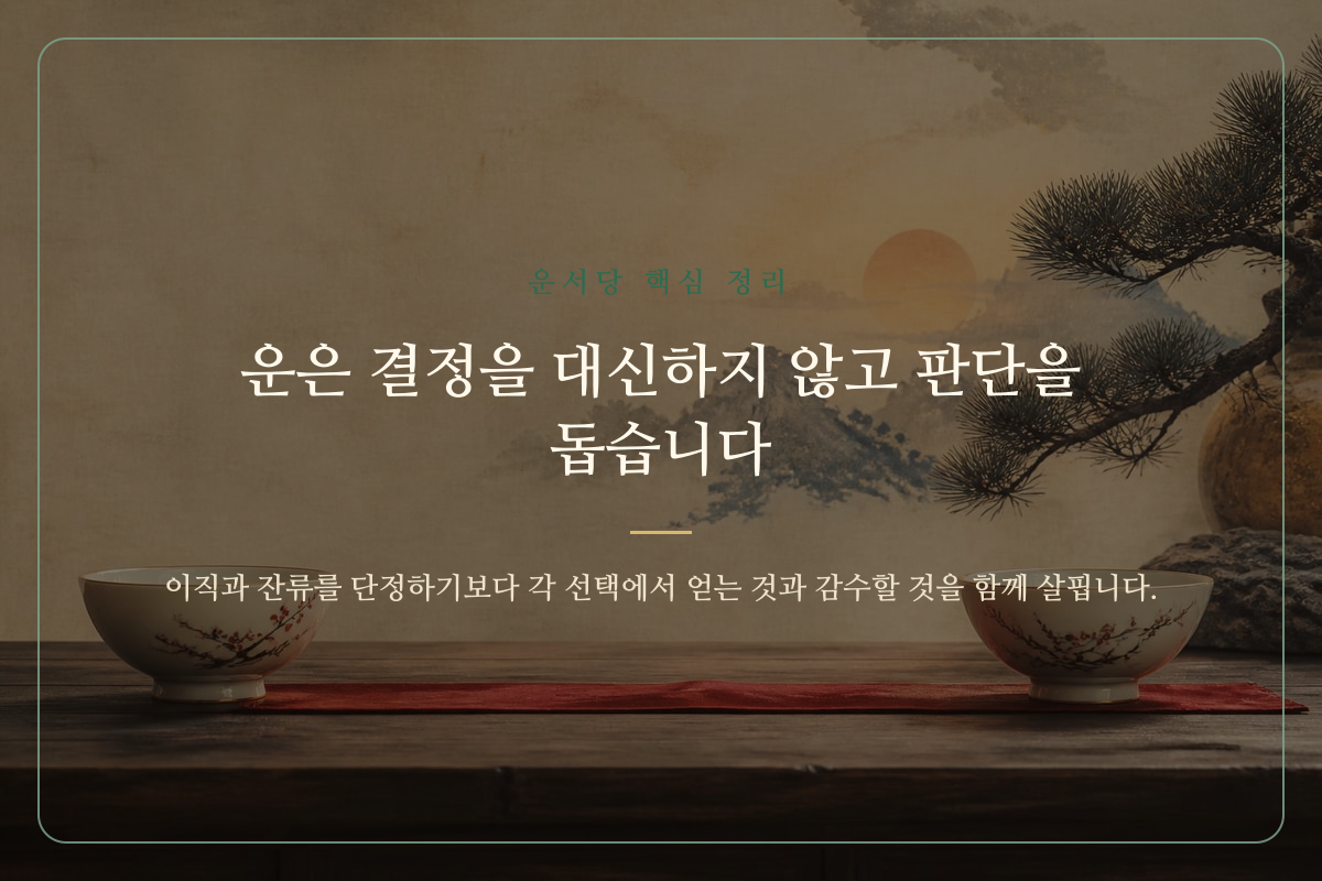 이직과 잔류의 조건을 저울로 비교하는 운서당 감정 철학 이미지 카드