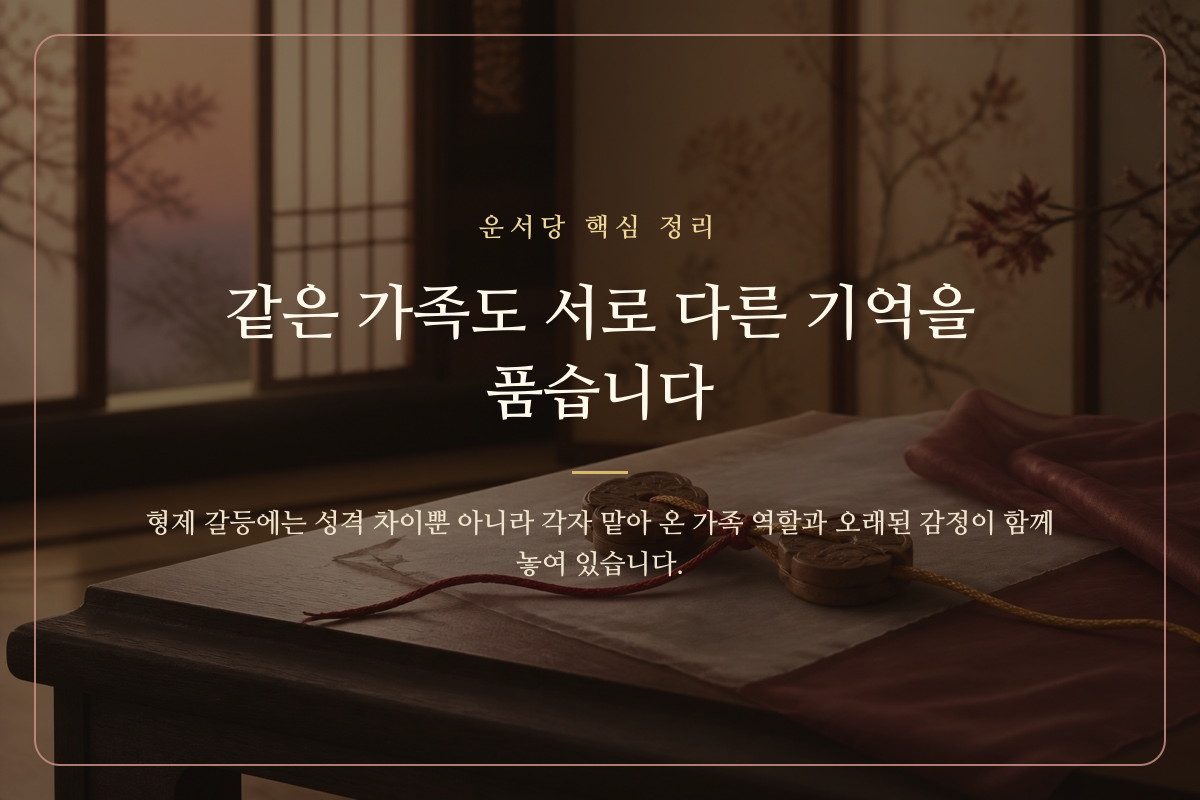 한 지붕 아래 서로 다른 방향을 바라보는 형제를 표현한 이미지