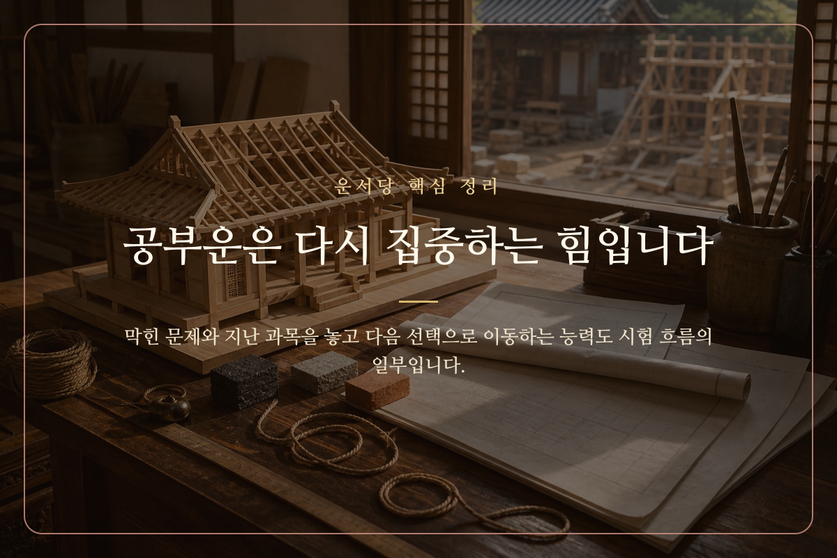 갈림길과 나침반으로 시험 중 집중력을 회복하고 다음 문제로 향하는 모습을 표현한 이미지